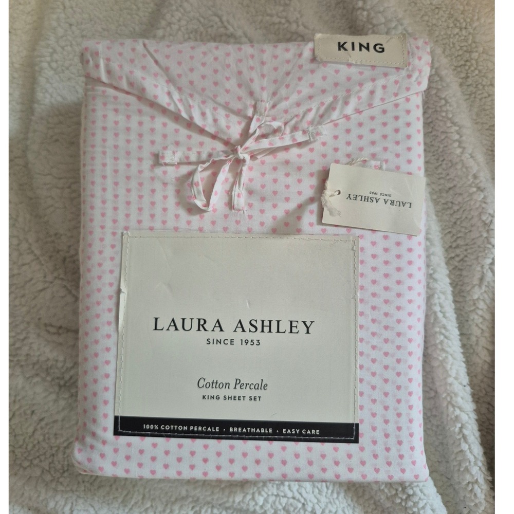 Laura Ashley King Sheet Set Pink Heart to Heart 100% Cotton Percale 4pc New